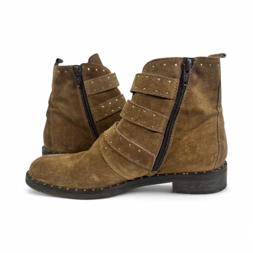 Minelli Brown Suede Studded Ankle Boots Buckle Moto EU 38 - Picture 6 of 13